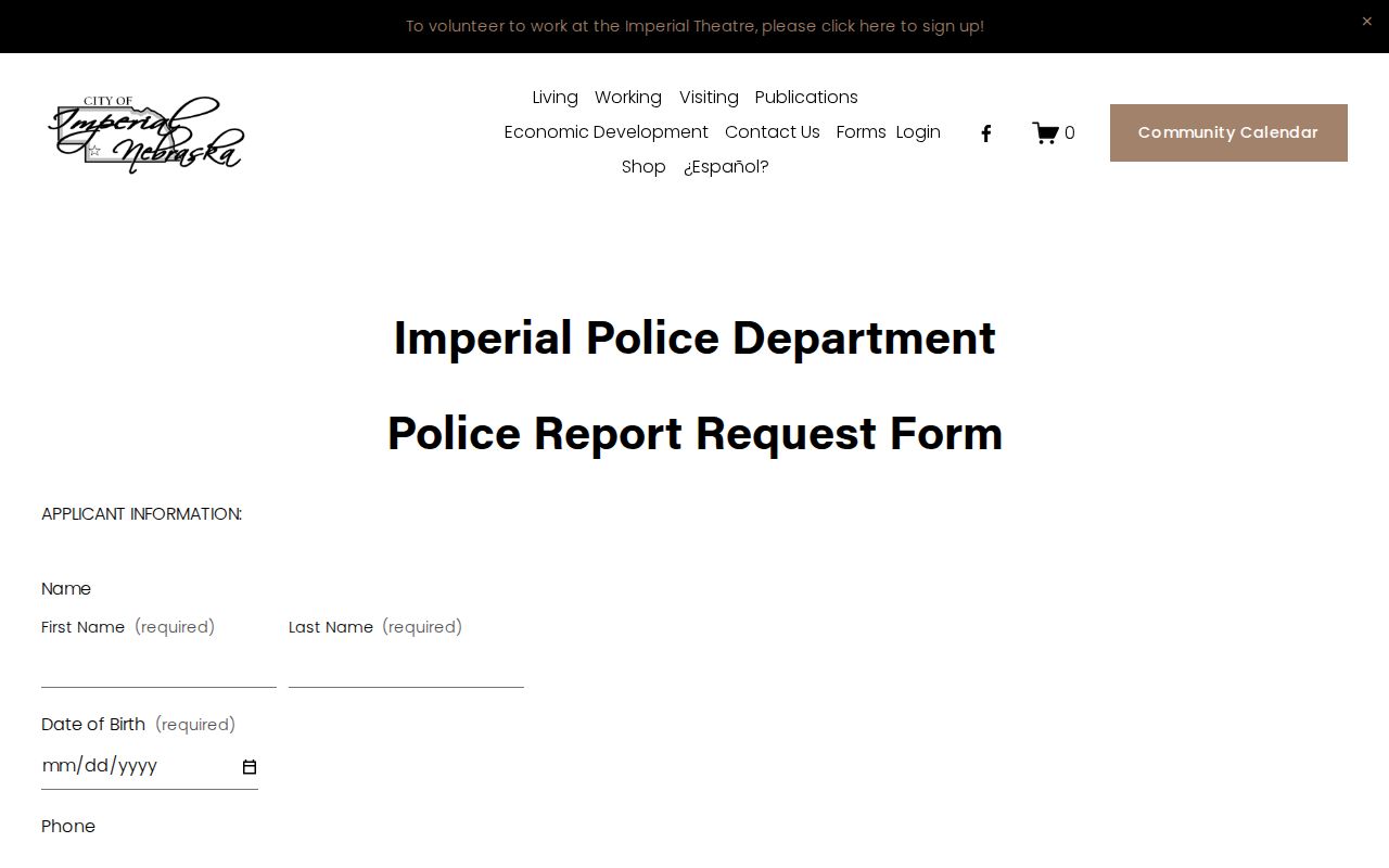 Imperial police records request page for local criminal records