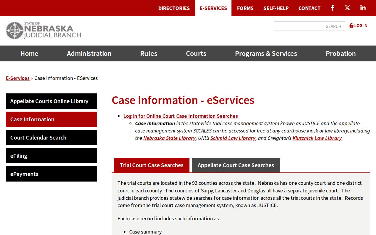 Chase County court case search options on Nebraska court eServices