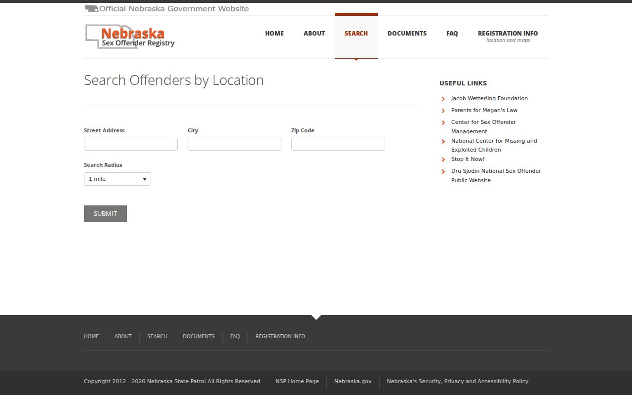 Chase County sex offender address and radius search fields