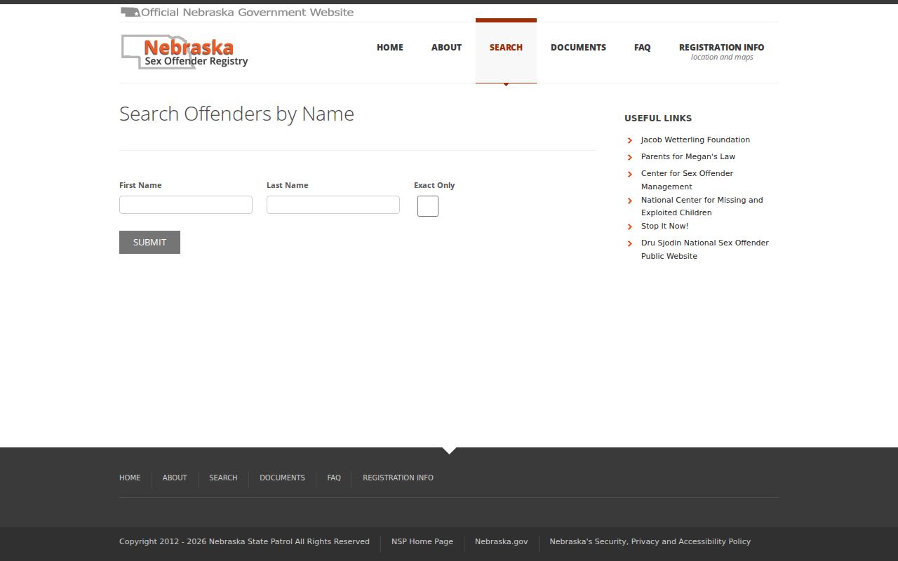 Chase County sex offender name search fields on Nebraska registry