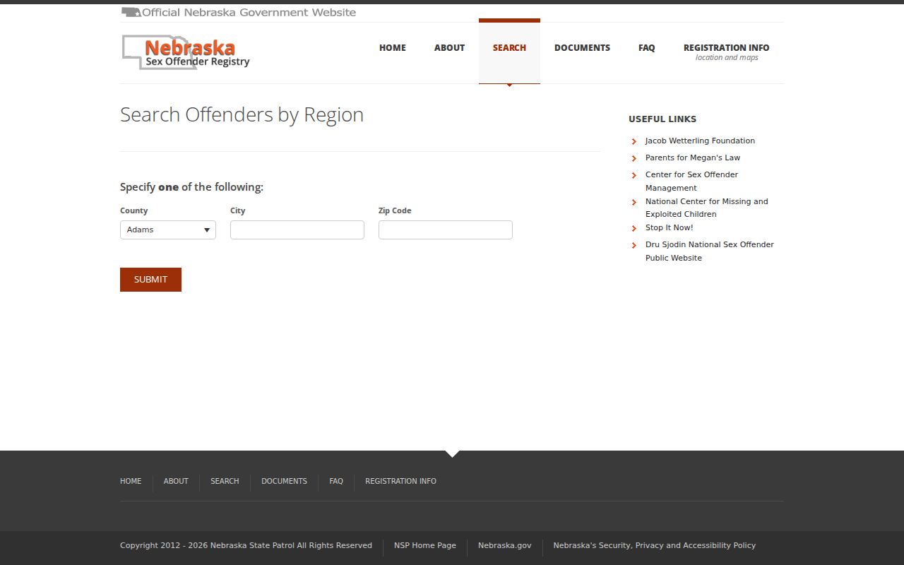 Chase County sex offender region search on Nebraska registry